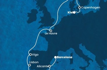 Německo, Dánsko, Norsko, Francie, Španělsko, Portugalsko z Kielu na lodi Costa Diadema