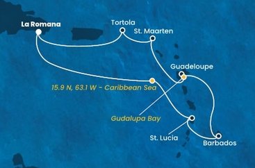 Dominikánská republika, , Svatá Lucie, Barbados, Guadeloupe, Svatý Martin, Britské Panenské ostrovy z La Romany na lodi Costa Fascinosa