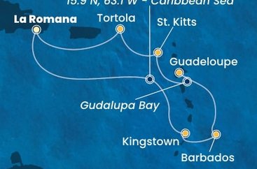 Dominikánská republika, Svatý Vincenc a Grenadiny, Barbados, Guadeloupe, Zámořský departement Francie, Svatý Kryštof a Nevis, Britské Panenské ostrovy z La Romany na lodi Costa Pacifica