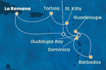 Dominikánská republika, Dominika, Barbados, Guadeloupe, Zámořský departement Francie, Svatý Kryštof a Nevis, Britské Panenské ostrovy z La Romany na lodi Costa Pacifica