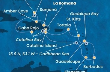 Dominikánská republika, Svatý Vincenc a Grenadiny, Barbados, Guadeloupe, Zámořský departement Francie, Svatý Kryštof a Nevis, Britské Panenské ostrovy, Zámořské území Velké Británie z La Romany na lodi Costa Pacifica