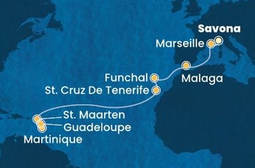 Itálie, Francie, Španělsko, Madeira, Svatý Martin, Martinik, Guadeloupe ze Savony na lodi Costa Fascinosa