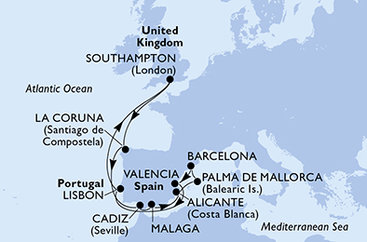 Velká Británie, Španělsko, Mallorca, Portugalsko ze Southamptonu na lodi MSC Virtuosa