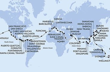 Itálie, Francie, Španělsko, Madeira, Barbados, Grenada, Bonaire, Curacao, Kolumbie, Kostarika, Panama, Nikaragua, Guatemala, Mexiko, USA, Samoa, Fidži, Nový Zéland, Austrálie, Filipíny, Tchaj-wan, Japonsko, Jižní Korea, Čína, Vietnam, Singapur, Malajsie, Srí Lanka, Spojené arabské emiráty, Omán, Jordánsko, Egypt, Kréta z Janova na lodi MSC Magnifica