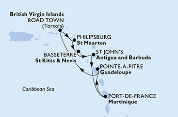 Martinik, Guadeloupe, Britské Panenské ostrovy, Svatý Martin, Svatý Kryštof a Nevis, Antigua a Barbuda z Fort-de-France na lodi MSC Virtuosa