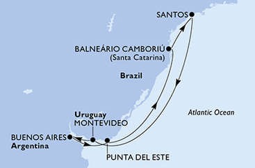 Brazílie, Uruguay, Argentina ze Santosu na lodi MSC Preziosa