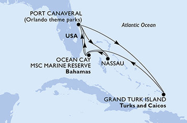 USA, Zámořské území Velké Británie, Bahamy z Port Canaveralu na lodi MSC Seashore