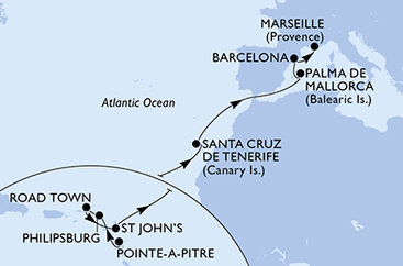 Guadeloupe, Svatý Martin, Britské Panenské ostrovy, Antigua a Barbuda, Španělsko, Francie z Pointe-à-Pitre, Guadeloupe na lodi MSC Seaview
