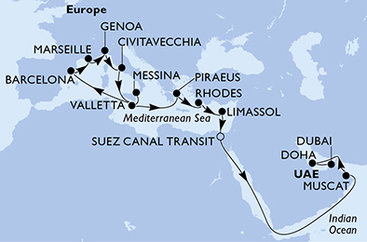 Itálie, Malta, Španělsko, Francie, Řecko, Kypr, Egypt, Omán, Katar, Spojené arabské emiráty z Messiny na lodi MSC World Europa