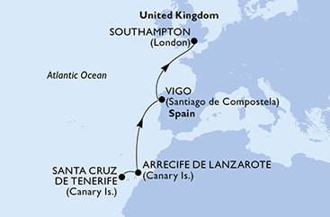 Španělsko, Velká Británie z Tenerife na lodi MSC Virtuosa