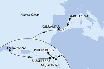 Španělsko, Velká Británie, Antigua a Barbuda, Svatý Martin, Svatý Kryštof a Nevis, Dominikánská republika z Barcelony na lodi MSC Opera