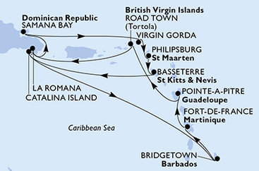 Martinik, Guadeloupe, Britské Panenské ostrovy, Dominikánská republika, Zámořské území Velké Británie, Svatý Martin, Svatý Kryštof a Nevis, Barbados z Fort-de-France, Martinik na lodi MSC Opera