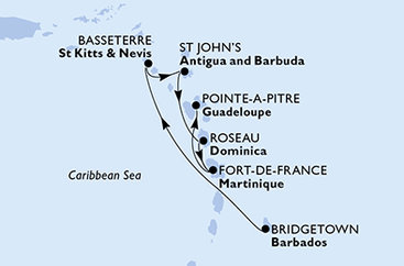 Barbados, Svatý Kryštof a Nevis, Antigua a Barbuda, Dominika, Martinik, Guadeloupe z Bridgetownu na lodi MSC Virtuosa