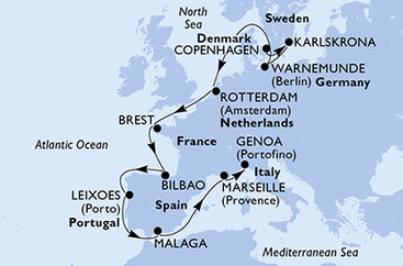 Dánsko, Švédsko, Německo, Nizozemsko, Francie, Španělsko, Portugalsko, Itálie z Kodaně na lodi MSC Magnifica