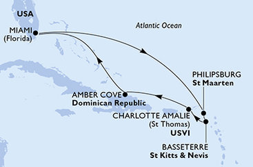 USA, Svatý Martin, Svatý Kryštof a Nevis, Dominikánská republika z Miami na lodi MSC Meraviglia