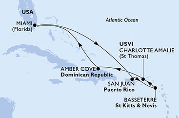 USA, Portoriko, Svatý Kryštof a Nevis, Dominikánská republika z Miami na lodi MSC Meraviglia