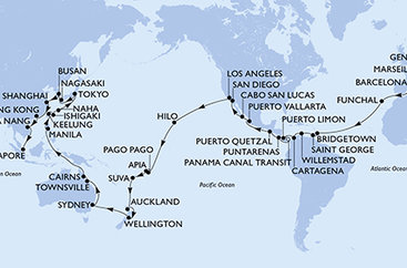 Itálie, Francie, Španělsko, Portugalsko, Barbados, Grenada, Curacao, Kolumbie, Kostarika, Panama, Guatemala, Mexiko, USA, Americká Samoa, Samoa, Fidži, Nový Zéland, Austrálie, Filipíny, Tchaj-wan, Japonsko, Jižní Korea, Čína, Vietnam, Singapur z Janova na lodi MSC Magnifica