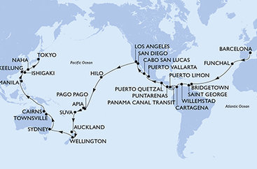 Španělsko, Portugalsko, Barbados, Grenada, Curacao, Kolumbie, Kostarika, Panama, Guatemala, Mexiko, USA, Americká Samoa, Samoa, Fidži, Nový Zéland, Austrálie, Filipíny, Tchaj-wan, Japonsko z Barcelony na lodi MSC Magnifica Španělsko, Portugalsko, Barbados, Grenada, Curacao, Kolumbie, Kostarika, Panama, Guatemala, Mexiko, USA, Americká Samoa, Samoa, Fidži, Nový Zéland, Austrálie, Filipíny, Tchaj-wan, Japonsko z Barcelony na lodi MSC Magnifica