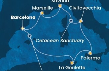 Španělsko, Tunisko, Itálie, Francie z Barcelony na lodi Costa Smeralda