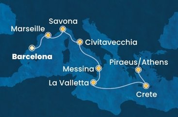 Španělsko, Francie, Itálie, Malta, Kréta, Řecko z Barcelony na lodi Costa Fortuna