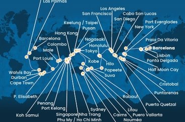 Španělsko, Portugalsko, USA, Bahamy, Panama, Kostarika, Guatemala, Mexiko, Francouzská Polynésie, Fidži, Nová Kaledonie, Austrálie, Papua Nová Guinea, Japonsko, Jižní Korea, Tchaj-wan, Čína, Vietnam, Thajsko, Singapur, Malajsie, Srí Lanka, Maledivy, Mauricius, Jihoafrická republika, Namibie, Kapverdy z Barcelony na lodi Costa Deliziosa