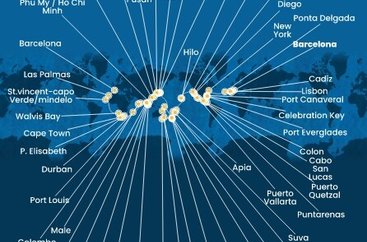 Španělsko, Portugalsko, USA, Bahamy, Panama, Kostarika, Guatemala, Mexiko, Samoa, Fidži, Tonga, Nový Zéland, Austrálie, Papua Nová Guinea, Japonsko, Jižní Korea, Tchaj-wan, Čína, Vietnam, Singapur, Malajsie, Thajsko, Srí Lanka, Maledivy, Mauricius, Jihoafrická republika, Namibie, Kapverdy z Barcelony na lodi Costa Deliziosa