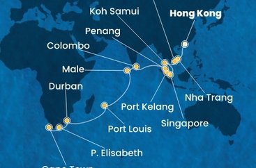 Čína, Vietnam, Thajsko, Singapur, Malajsie, Srí Lanka, Maledivy, Mauricius, Jihoafrická republika z Hong Kongu na lodi Costa Deliziosa