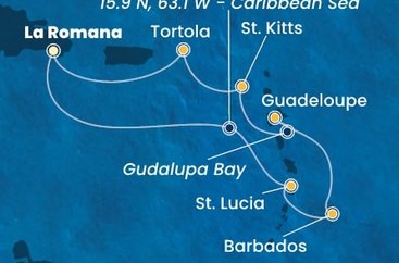 Dominikánská republika, Svatá Lucie, Barbados, Guadeloupe, Zámořský departement Francie, Svatý Kryštof a Nevis, Britské Panenské ostrovy z La Romany na lodi Costa Pacifica
