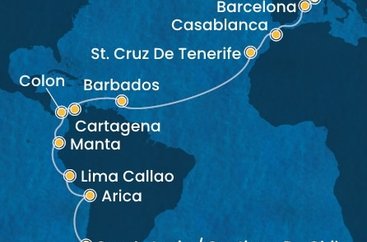 Francie, Španělsko, Maroko, Barbados, Kolumbie, Panama, Ekvádor, Peru, Chile z Marseille na lodi Costa Deliziosa