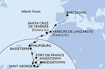 Spain, Svatý Martin, Saint Kitts and Nevis, Saint Vincent and the Grenadines, Barbados, Grenada, Martinik from Barcelona na lodi MSC World Europa