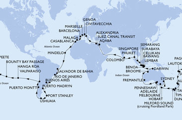 Španělsko, Maroko, Kapverdy, Brazílie, Argentina, Zámořské území Velké Británie, Chile, Francouzská Polynésie, Americká Samoa, , Fidži, Nový Zéland, Austrálie, Indonésie, Singapur, Thajsko, Srí Lanka, Jordánsko, Egypt, Itálie, Francie z Barcelony na lodi MSC Magnifica