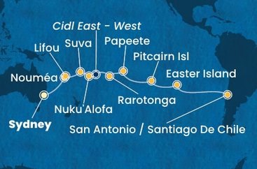 Austrálie, Nová Kaledonie, Fidži, Tonga, , Cookovy ostrovy, Francouzská Polynésie, Zámořské území Velké Británie, Chile ze Sydney na lodi Costa Serena