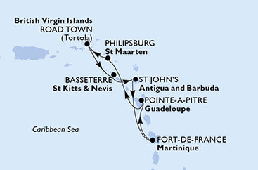Martinik, Guadeloupe, Svatý Martin, Britské Panenské ostrovy, Svatý Kryštof a Nevis, Antigua a Barbuda z Fort-de-France na lodi MSC Virtuosa