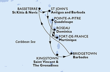 Barbados, Svatý Kryštof a Nevis, Antigua a Barbuda, Dominika, Martinik, Guadeloupe, Svatý Vincenc a Grenadiny z Bridgetownu na lodi MSC Virtuosa
