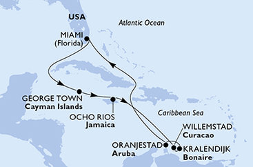USA, Kajmanské ostrovy, Jamajka, Curacao, Bonaire, Aruba z Miami na lodi MSC Poesia