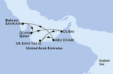 Katar, Spojené arabské emiráty, Bahrajn z Dohy na lodi MSC World Europa
