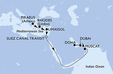 Řecko, Kypr, Egypt, Omán, Katar, Spojené arabské emiráty z Pirea na lodi MSC World Europa