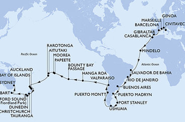 Itálie, Francie, Španělsko, Velká Británie, Maroko, Kapverdy, Brazílie, Argentina, Zámořské území Velké Británie, Chile, Francouzská Polynésie, Cookovy ostrovy, Nový Zéland, Austrálie z Civitavecchia na lodi MSC Magnifica