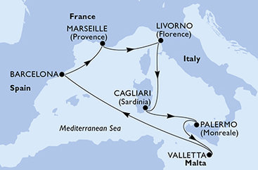 Malta, Španělsko, Francie, Itálie z Valletty na lodi MSC Splendida
