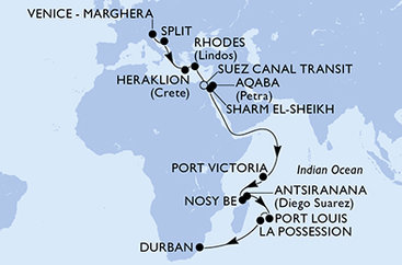 Itálie, Chorvatsko, Řecko, Egypt, Jordánsko, Seychely, Madagaskar, Mauricius, Reunion, Jihoafrická republika z Marghery na lodi MSC Armonia