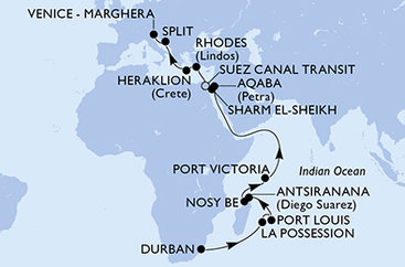 Jihoafrická republika, Reunion, Mauricius, Madagaskar, Seychely, Jordánsko, Egypt, Řecko, Chorvatsko, Itálie z Durbanu na lodi MSC Armonia