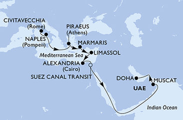 Itálie, Řecko, Turecko, Kypr, Egypt, Omán, Katar z Civitavecchia na lodi MSC World Europa