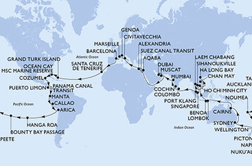 Francie, Španělsko, Zámořské území Velké Británie, Bahamy, Mexiko, Kostarika, Panama, Ekvádor, Peru, Chile, Francouzská Polynésie, Tonga, Nová Kaledonie, Nový Zéland, , Austrálie, Indonésie, Vietnam, Thajsko, Kambodža, Singapur, Malajsie, Srí Lanka, Indie, Spojené arabské emiráty, Omán, Jordánsko, Egypt, Itálie z Marseille na lodi MSC Magnifica