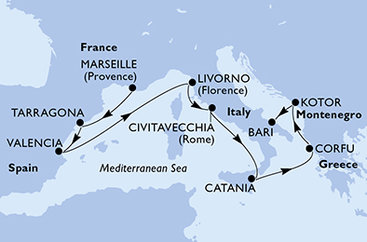 Francie, Španělsko, Itálie, Řecko, Černá Hora z Marseille na lodi MSC Orchestra