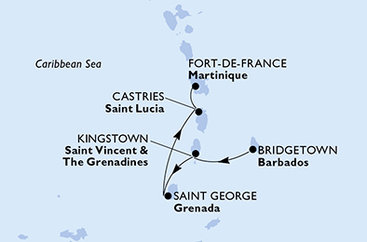 Barbados, Svatý Vincenc a Grenadiny, Grenada, Svatá Lucie, Martinik z Bridgetownu na lodi MSC Virtuosa