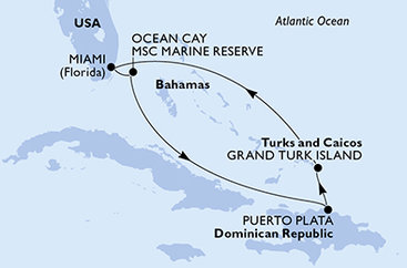 USA, Bahamy, Dominikánská republika, Zámořské území Velké Británie z Miami na lodi MSC Seashore
