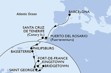 Španělsko, Svatý Martin, Svatý Kryštof a Nevis, Svatý Vincenc a Grenadiny, Barbados, Grenada, Martinik z Barcelony na lodi MSC World Europa