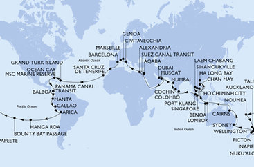 Itálie, Francie, Španělsko, Zámořské území Velké Británie, Bahamy, Panama, , Ekvádor, Peru, Chile, Francouzská Polynésie, Tonga, Nová Kaledonie, Nový Zéland, Austrálie, Indonésie, Vietnam, Thajsko, Kambodža, Singapur, Malajsie, Srí Lanka, Indie, Spojené arabské emiráty, Omán, Jordánsko, Egypt z Civitavecchia na lodi MSC Magnifica